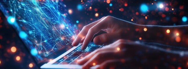 Algorithm developer analyzing systems in data facility server racks digital technology IT support network infrastructure concept banner