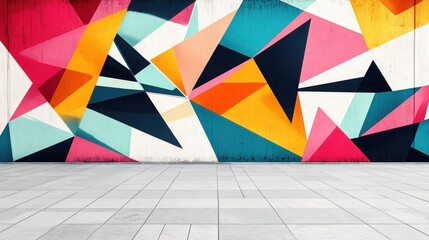 A modern geometric mural featuring bold triangles and sharp lines in vibrant colors on a clean white surface