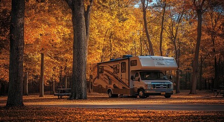 A photograph of an RV parked in a park during the fall season
