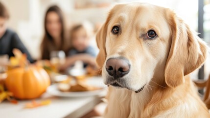 Family dog sitting next to the Thanksgiving table, hoping for a treat as the family enjoys their dinner