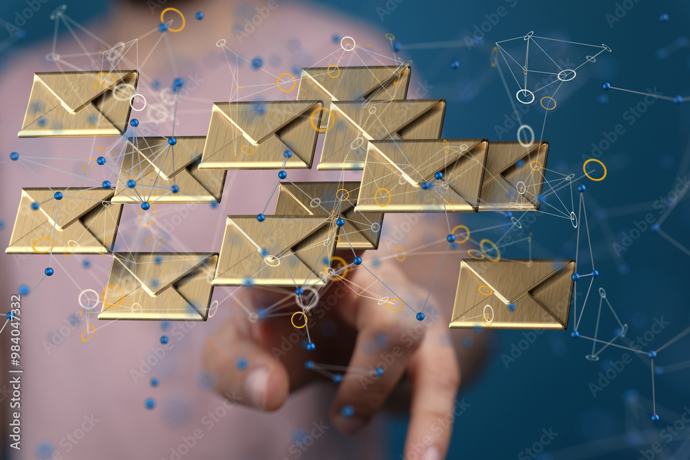 Poster touching 3d rendering flying email icon with his fin