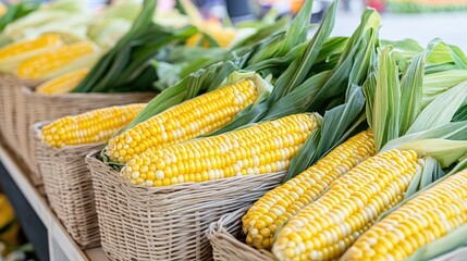 farmer market stall featuring baskets filled with fresh corn cobs, their husks green and kernels golden
