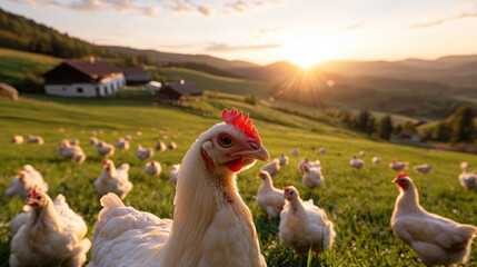 Fototapeta premium A serene scene of free range chickens grazing in lush green pasture during sunset, showcasing beauty of nature and farm life. warm sunlight enhances tranquil atmosphere