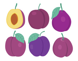 Plum fruit vector set cute cartoon style. isolated on white background.