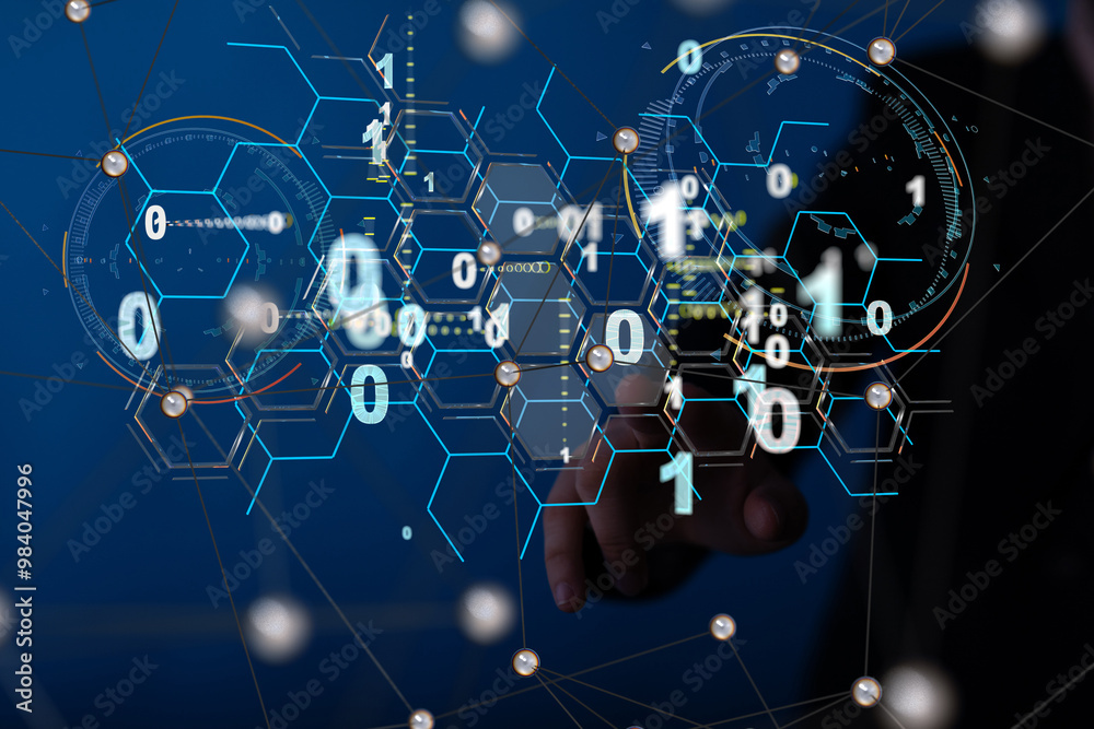 Poster Neural network 3D illustration. Big data and cybersecurity
