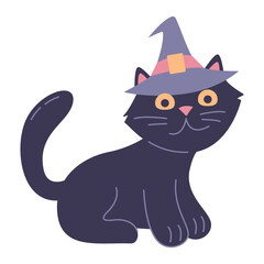 Black cat in a witch hat. Halloween cat.Isolated on white background.Vector illustration.