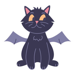 A cat with bat wings.Halloween cat. Autumn holiday.Doodle sketch icon.Isolated on white background.Outline vector illustration.