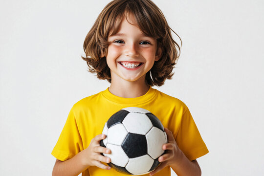 joyful young boy with a bright smile holding a soccer ball dressed in a yellow shirt against a plain background