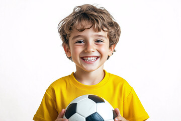 A cheerful boy in a yellow shirt holding a soccer ball with a big smile standing against a white background