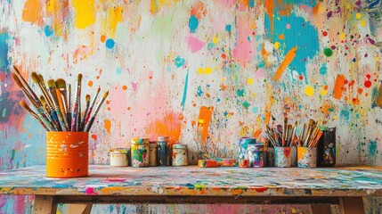 Obraz premium Paint-splattered art studio space with brushes and vivid colors set against a creative background