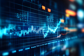 Insight into stock market expansion, business investments, and data analytics, illustrated with digital charts, graphs, and indicators on a blurred dark blue background