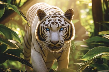 A majestic white tiger prowling through a lush forest with its piercing blue eyes focused ahead, the sunlight filtering through the leaves creating a natural spotlight on its fur.