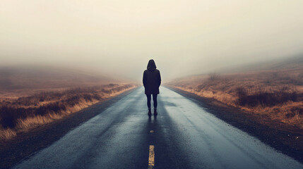 Fototapeta premium A visual of a person standing in the middle of a deserted road with a forlorn look, symbolizing emotional emptiness.