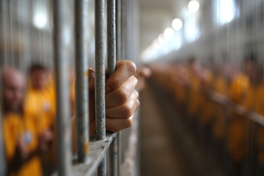 A crowded prison cell depicts harsh reality of overpopulation and criminal life. image captures hand gripping bars, symbolizing confinement and despair