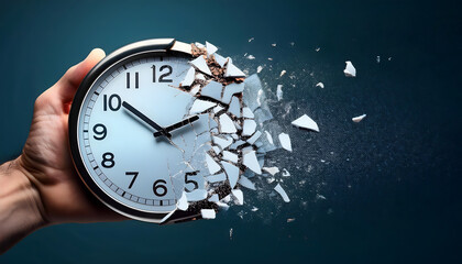 Concept of passing away, the clock breaks down into pieces. Hand holding analog clock with dispersion effect and copy space for text
