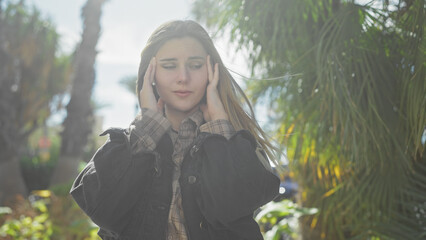 A young woman with a headache, outdoors in a lush park, clutching her temples, looking distressed and beautiful.