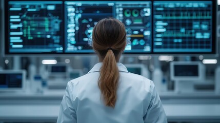 Fototapeta premium A medical professional analyzes digital data on advanced screens in a modern healthcare environment, emphasizing technology in medicine.