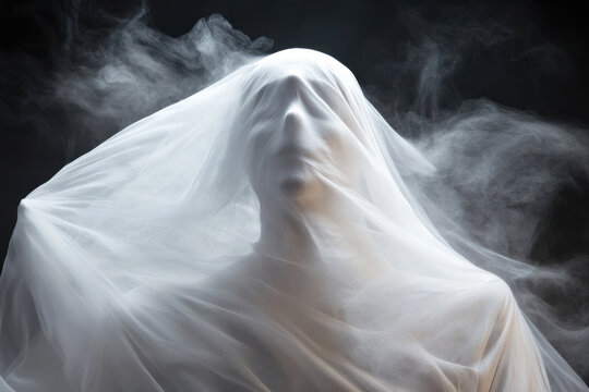 A ghostly figure emerges from shadows, enveloped in fog and ethereal fabric, creating haunting and mysterious atmosphere. interplay of light and shadow enhances spectral presence