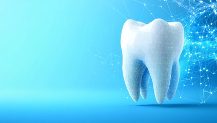 3D low-poly tooth model made of lines and dots on white background