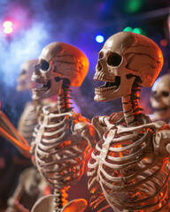 Dancing skeletons celebrate at Halloween themed party, surrounded by colorful lights and fog, creating lively and spooky atmosphere