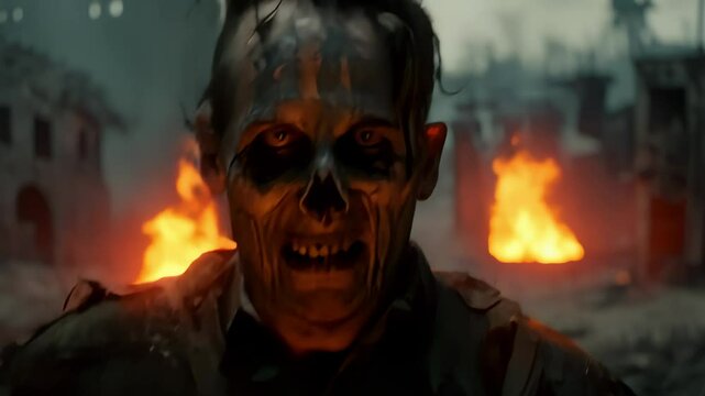 A rotting zombie walks through a war-torn cityscape, illuminated by flames from nearby fires, with collapsed buildings in the background and deep shadows across its decaying face