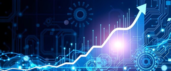 A modern digital landscape where business and technology meet, with a graph showing a rising trend alongside abstract tech elements like circuits and gears.