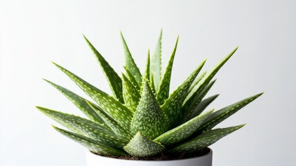 Fototapeta premium A green aloe vera plant is shown against a plain white backdrop.