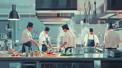 Busy chefs working in a restaurant kitchen, focusing on food hygiene. main objects: chefs, food, kitchen equipment.