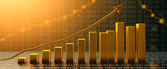 A rising bar chart representing financial growth, overlaid with streams of binary code moving upwards.