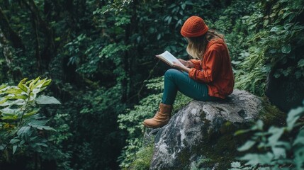Person journaling on a rock in a lush forest, embodying nature therapy, outdoor meditation, and forest wellness.