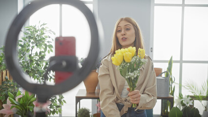 Redhead woman with flowers recording a vlog indoors using a smartphone on a ring light
