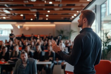 A confident speaker addressing a group of attentive listeners in a spacious