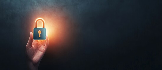 Abstract Digital Hand Holding a Blue Padlock Icon on a Black Grunge Background