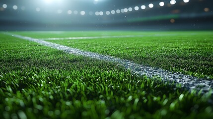 Fresh Green Grass on Football Field Under Stadium Lights