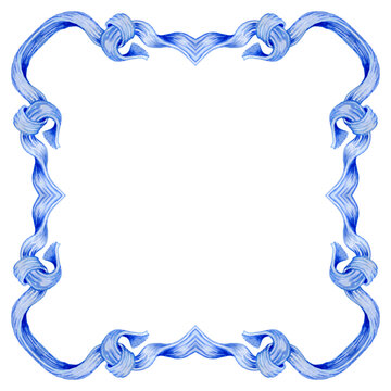 Hand drawn tile, Baroque scrolls from Watercolor painted blue silk ribbon on a white background