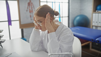 Stressed woman physiotherapist in clinic holding head with hand in a gesture of headache or concern.