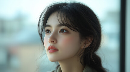 Obraz premium A Korean woman gazes thoughtfully out of a window on a calm morning in an urban setting, reflecting on her day ahead