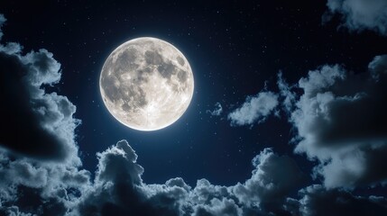 A bright full moon illuminates a night sky, surrounded by wispy clouds, creating a serene and enchanting atmosphere.