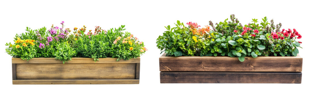 Fototapeta Set of  Wooden planter box with green plants and colorful flowers
