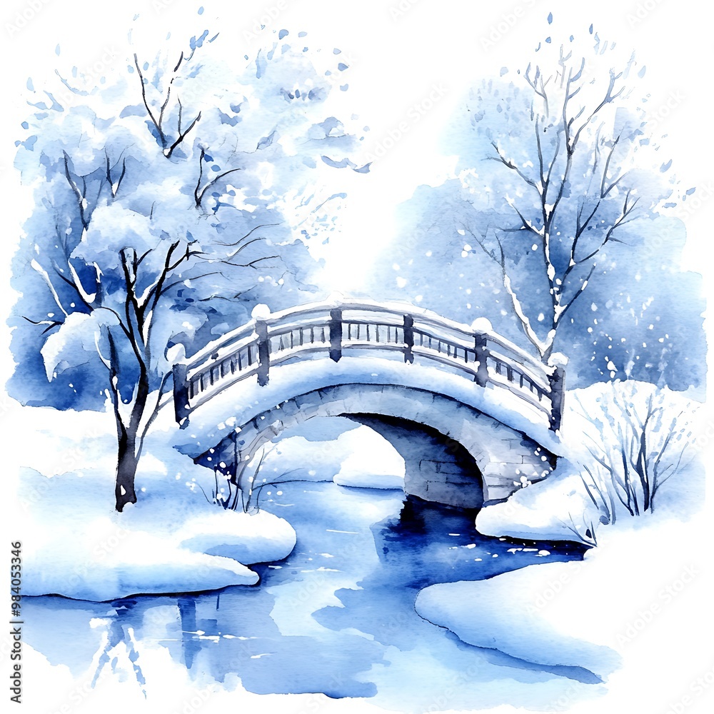 Canvas Prints Watercolor Painting of a Snowy Bridge Over a River.