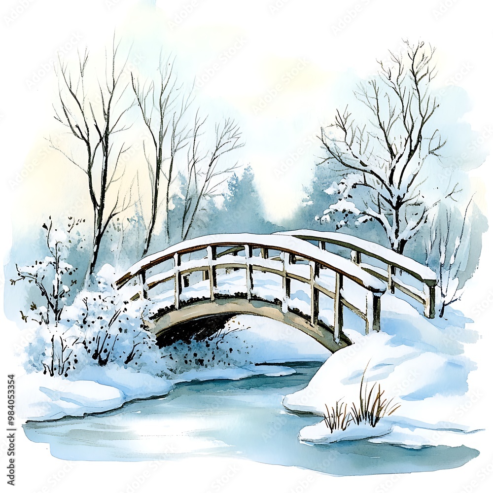 Canvas Prints Watercolor Illustration of a Snowy Winter Landscape with a Wooden Bridge.