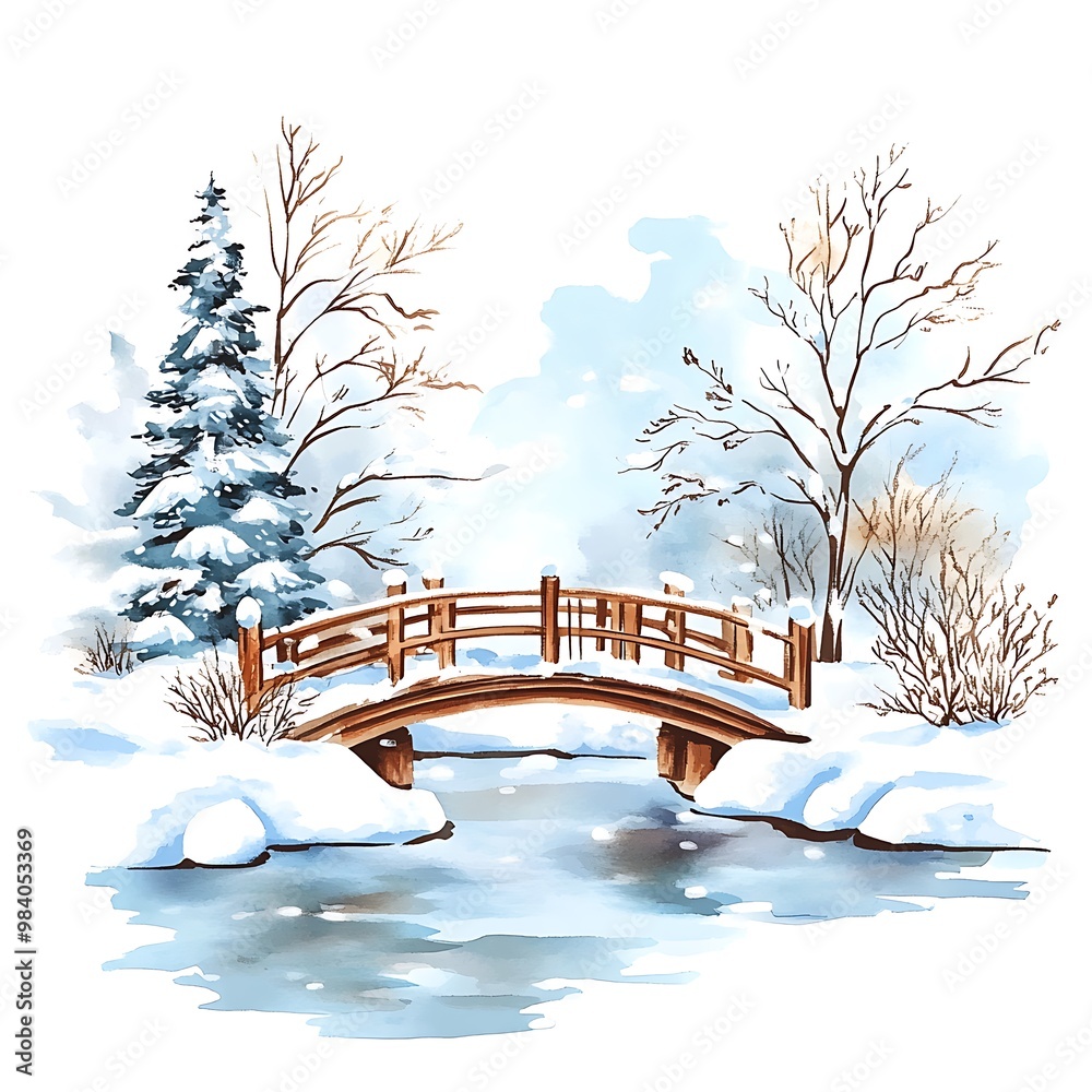 Canvas Prints Watercolor painting of a wooden bridge over a frozen river in a snowy winter landscape.