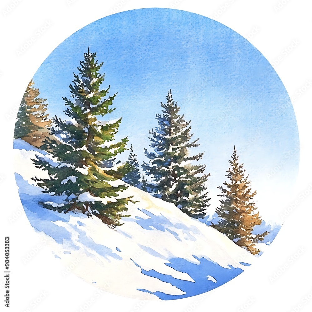 Poster Watercolor Painting of a Snowy Mountain Landscape with Pine Trees.