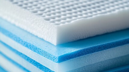 A close-up view of layered foam sheets in white and blue, showcasing varying textures and thicknesses.