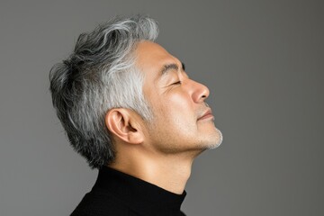 Fototapeta premium Photo of a mature, handsome Japanese man with gray hair, eyes closed in profile view on a gray background, with side lighting.generated ai