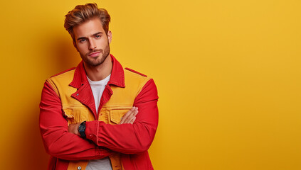 Fototapeta premium A handsome man standing confidently with his arms crossed, leaving ample space for copy. Ideal for advertisements, promotional materials, or lifestyle branding.