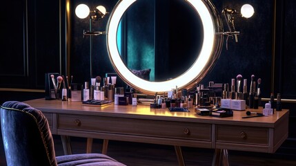 beauty salon workstation featuring a polished wooden vanity with a large, round, softly lit mirror, an assortment of makeup products, brushes, and a luxurious velvet chair.