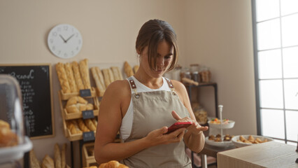 Young woman in a bakery browsing a smartphone surrounded by fresh bread and pastries indoors