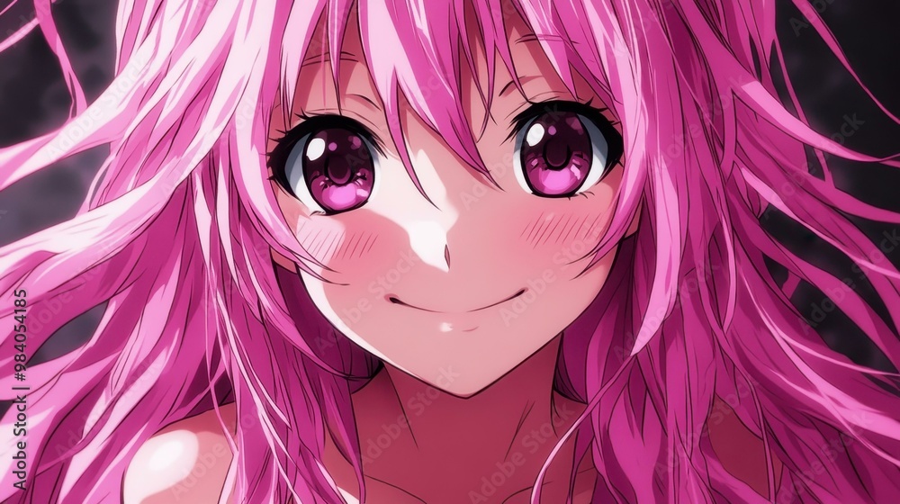 Poster A cute anime girl with a playful head tilt, smiling brightly, exuding kawaii charm in soft pink hues.