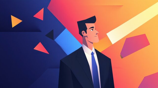 A businessman stands confident in the light, showcasing modern style with a vibrant cartoon flair.